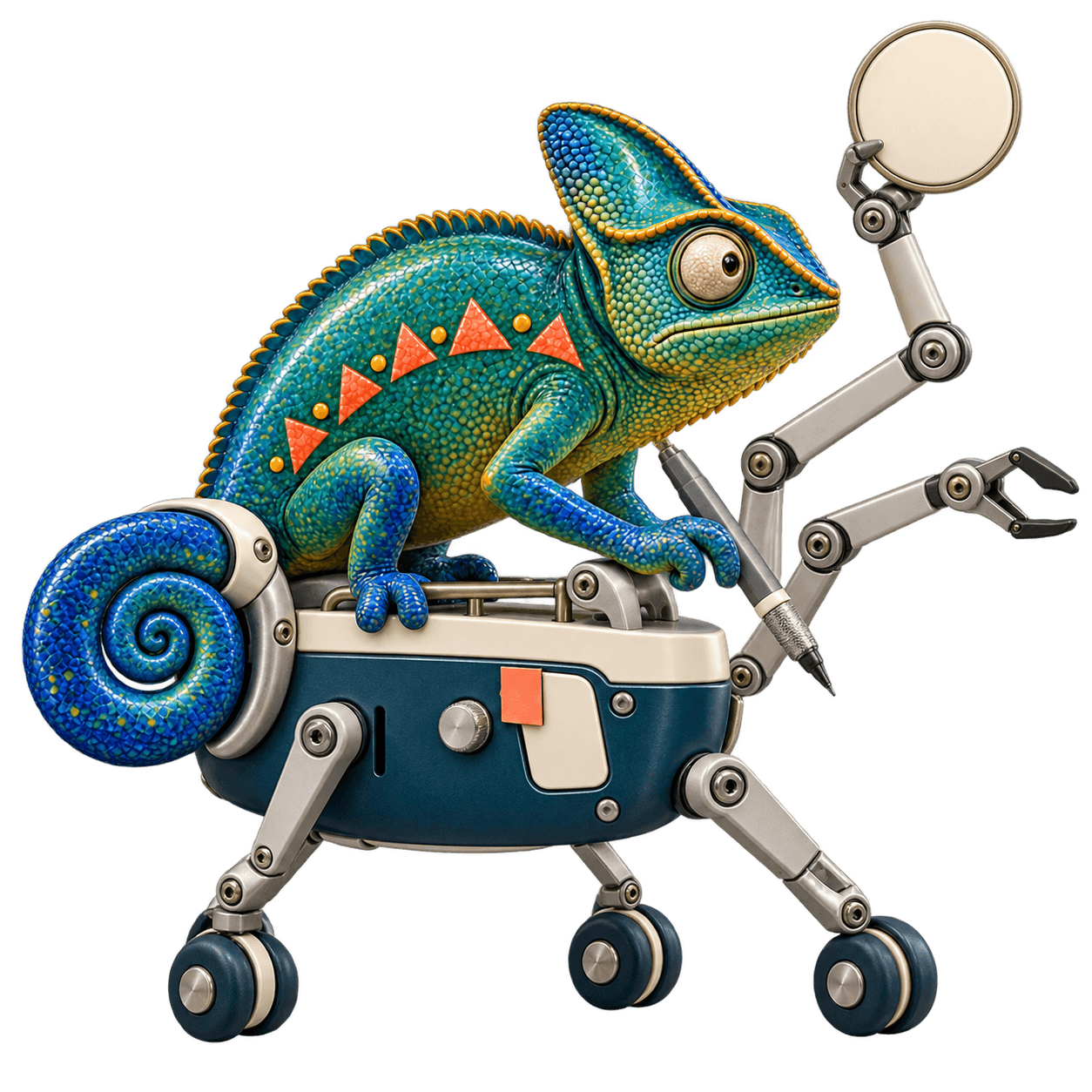 Side Note’s chameleon riding his maker robot, pen at the ready.